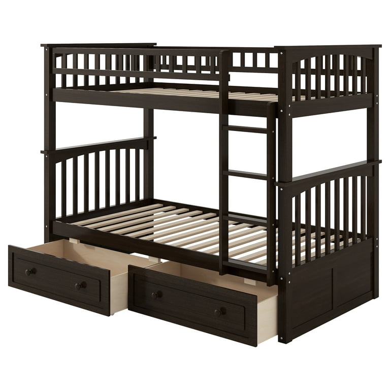 Merax Wood Bunk Bed Twin Over Twin with Trundle Espresso Brown