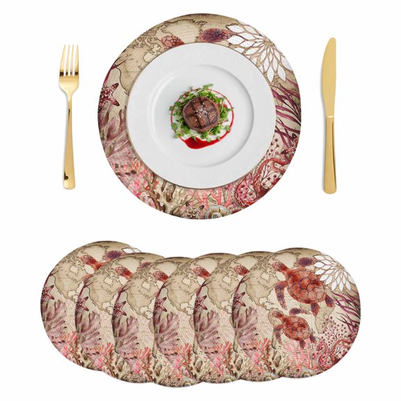 Ocean Red Turtles Round 13 Inch Placemats Set of 6, Coastal Coral Seagrass Vintage World Map HeatResistant Non Slip Place Mats for Dining Table, Wipeable Braided Kitchen Table Mats for Housewarming