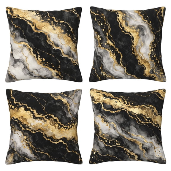4 Pack Throw Pillow Covers 18x18 Inch, Black Gold Marble Decorative Pillow Cases, Soft Short Plush Square Cushion Covers for Couch Sofa, Living Room Bedroom Luxury Glam Home Decor