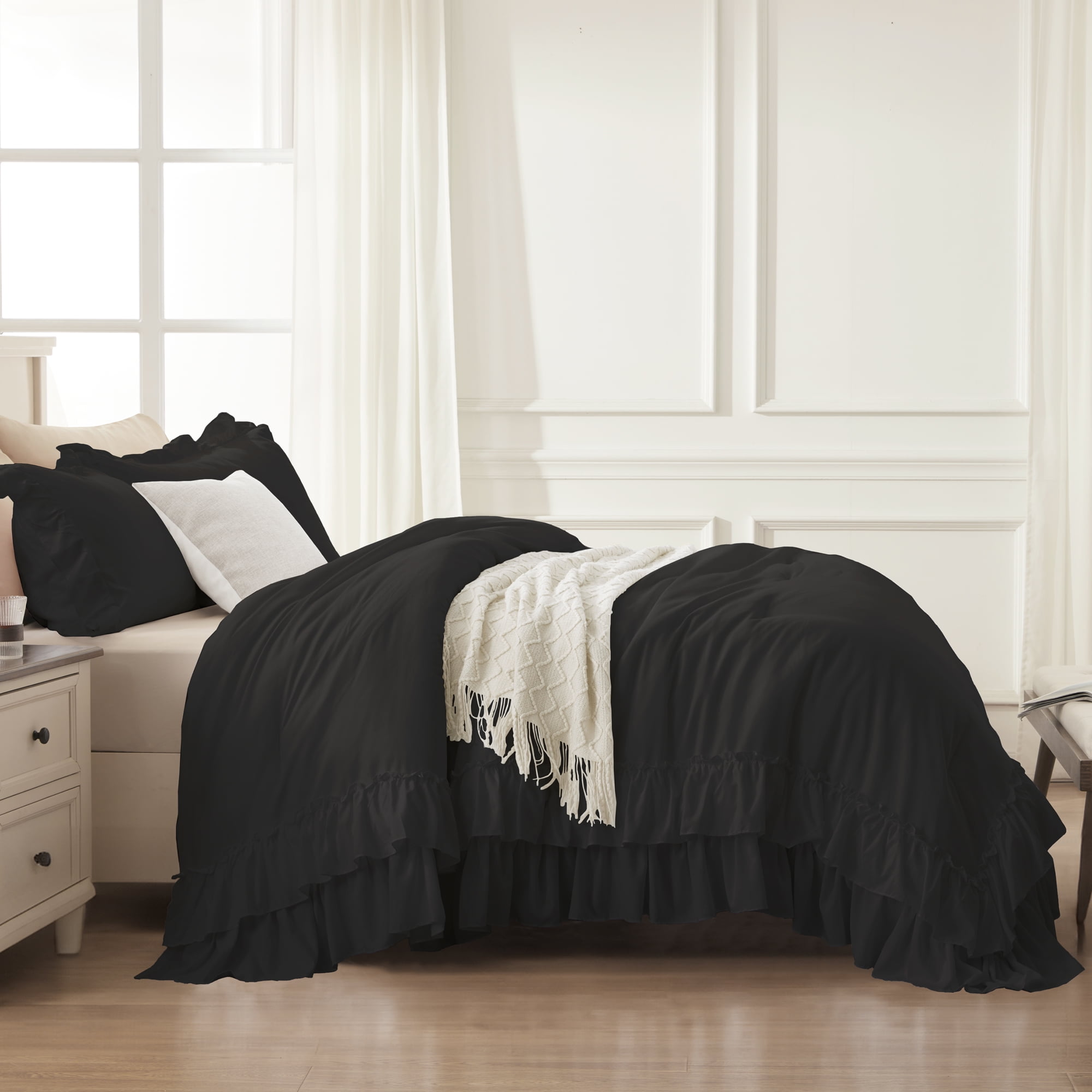 ANGENIA King Size Comforter Set Black, 3 Pieces Farmhouse Shabby Chic Ruffle Bedding, All Season Lightweight Fluffy Soft Bed Comforter Set