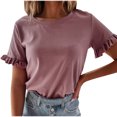 thumbnail image 1 of Pompotops Femme Été Col Rond Manches Courtes Solide Casual T-shirt Blouse, 1 of 8