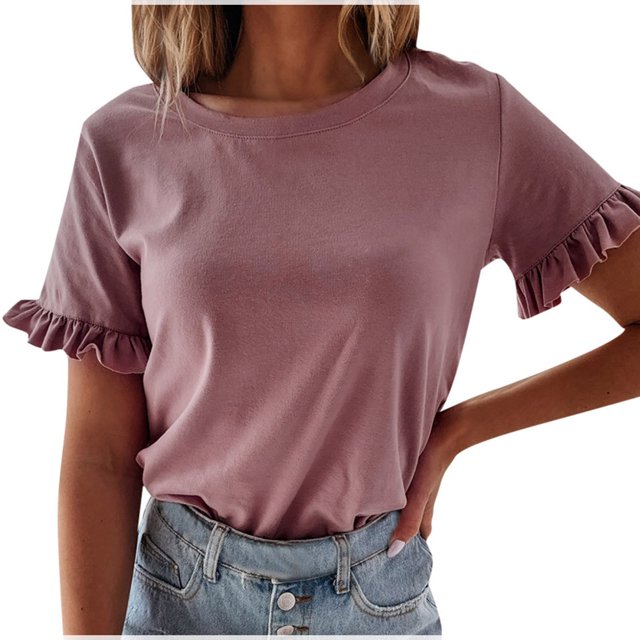 Pompotops Femme Été Col Rond Manches Courtes Solide Casual T-shirt Blouse