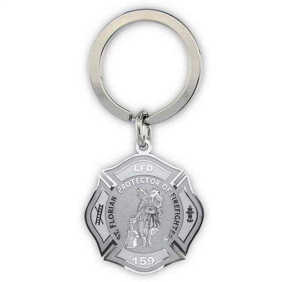 Picturesongold.Com Saint Florian Badge Religious Engravable Keychain - 1 1/4 inch x 1 1/4 inch - Sterling Silver
