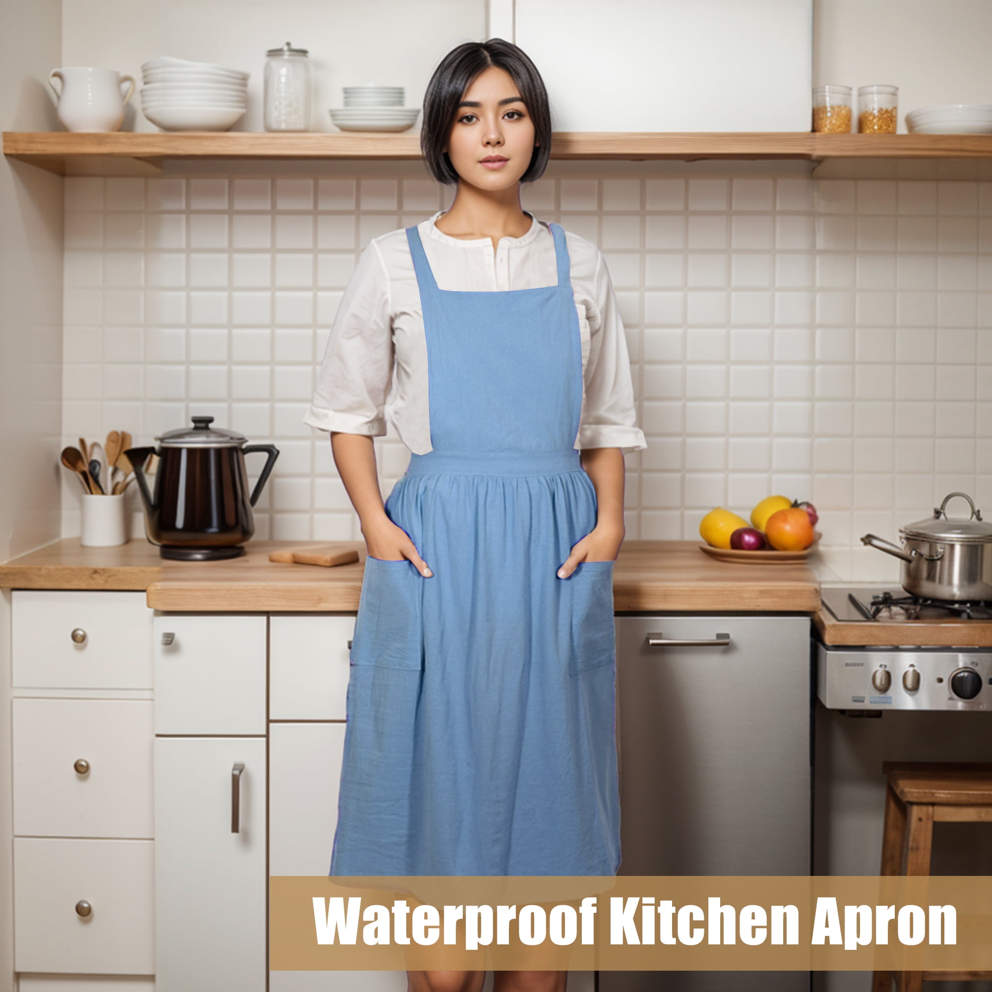 Unique Bargains Cotton Linen Cross Back Apron with Pockets Blue