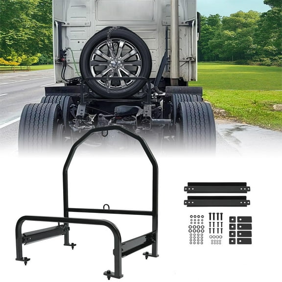 Kojem Adjustable Semi Truck Spare Tire Carrier Universal for Super Singles Powder Coated Black Steel