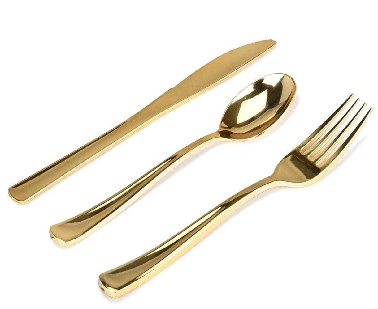Gold Plastic Silverware Set (160 Bulk Pack) Disposable Cutlery Utensils, 80 Gold Forks, 40 Gold Knives, 40 Gold Spoons, Heavy Duty Flatware For Holidays, Parties, Dinners, Weddings, and Occasions