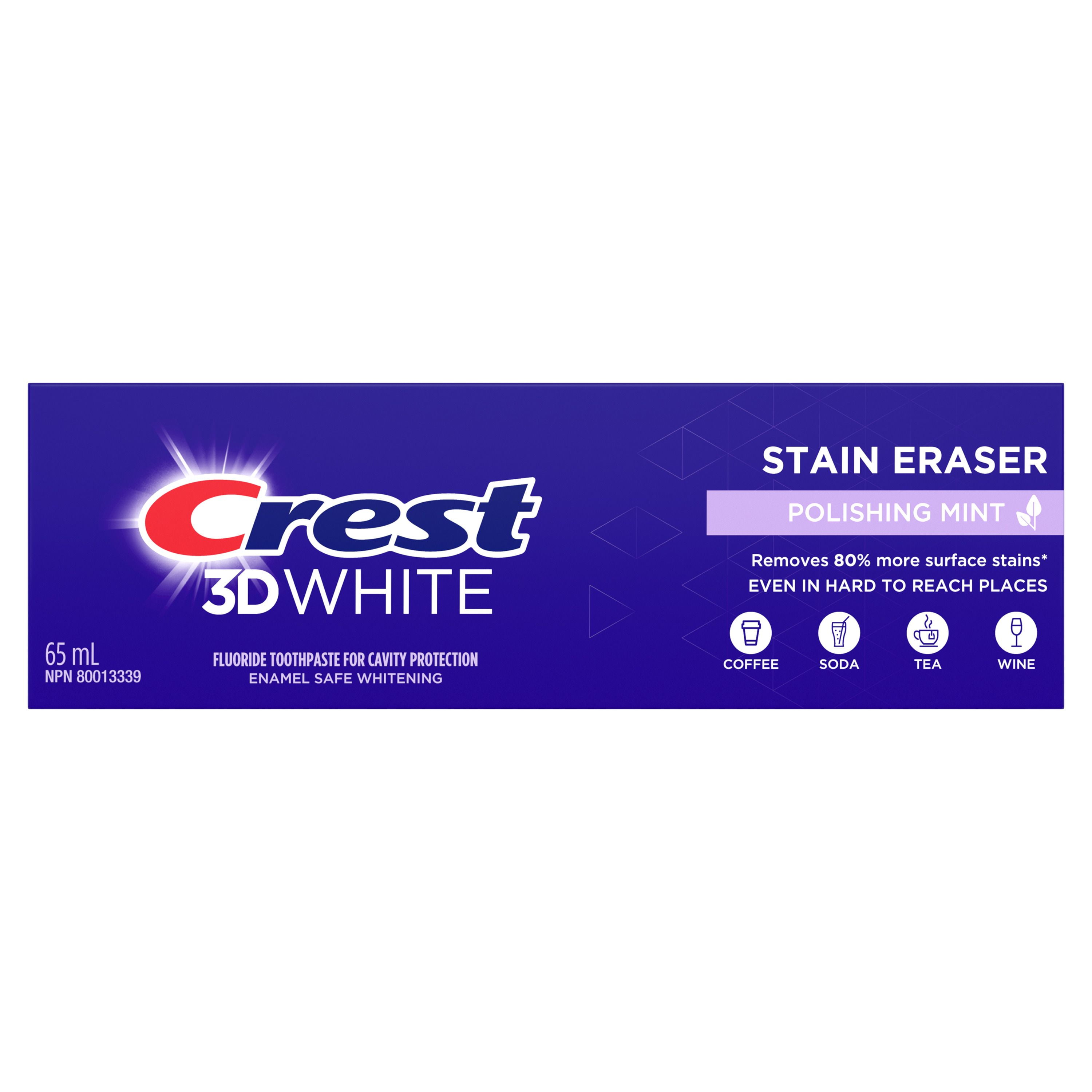 Crest 3D White Stain Eraser Teeth Whitening Toothpaste, Polishing Mint, 65 mL