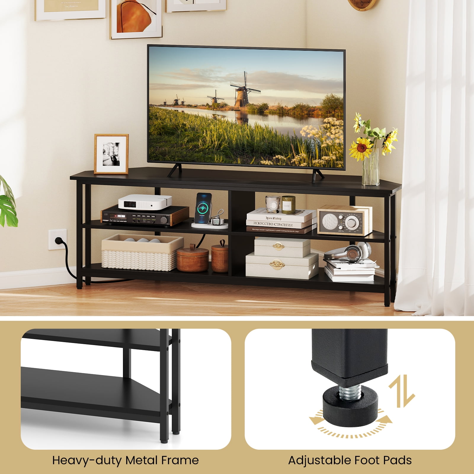 Giantex Nightcore Corner TV Stand, Entertainment Center for 65" TV, Console Table w/Metal Frame & AC Outlets, Media Console, Black