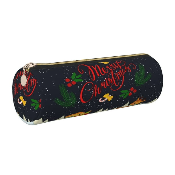 Easygdp Merry Christmas Elk para Estuche de Lápices Cilíndrico de Cuero con Cremallera, Organizador de Lápices de Cuero para Escuela, Oficina y Viajes