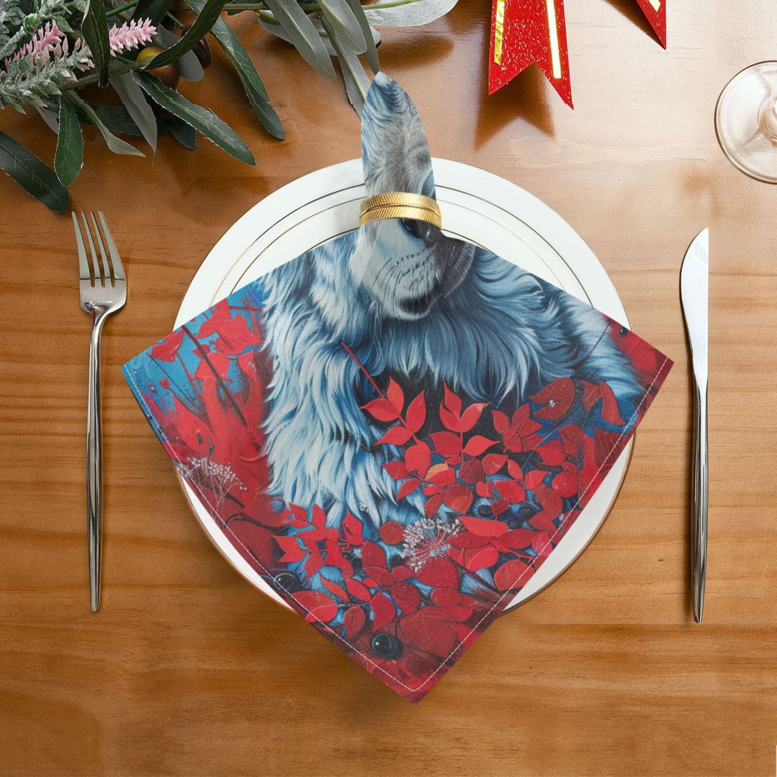 JSTEL Wolf Flower Red Leaf Cloth Napkins Set of 6, 20x20 Inch Washable and Reusable Napkin for Decoupage Dinner Party Everyday Use