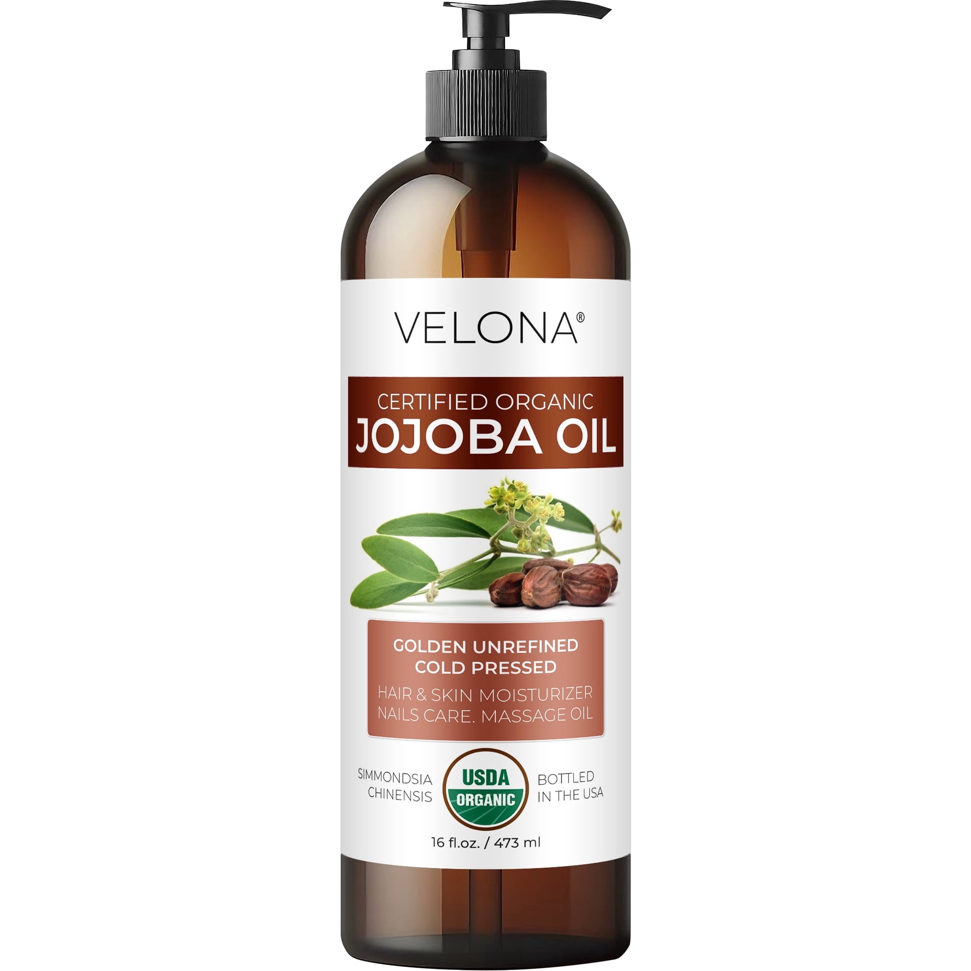 Velona USDA Organic Jojoba Oil - 16 fl oz , Unrefined, Cold-Pressed, Golden, with Pump