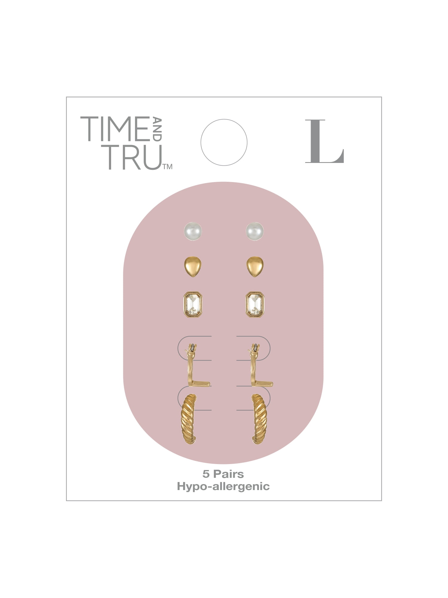Time and Tru Goldtone Multi Earring Set, 5 Pairs, Initial L