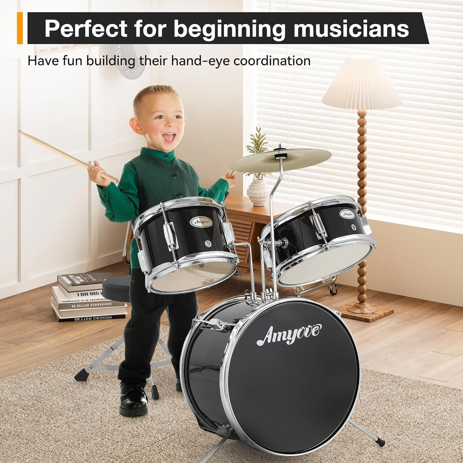 Drum Set, Drum Kit for Beginner With CymbalM, Tom, Bass Drum, Drumsticks, Bass Pedal, With Drum Stool, Metal AD 150, 3Pcs Drum Set, Percussionl Musical Holiday Gift for Boys and Girls,Black
