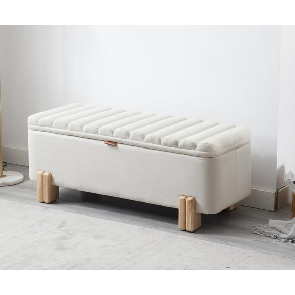 Kmax 45" Storage Linen Entryway Upholstered Ottoman with Wavy Top & Safty Hinge for Bedroom Living Room Hallway, Beige