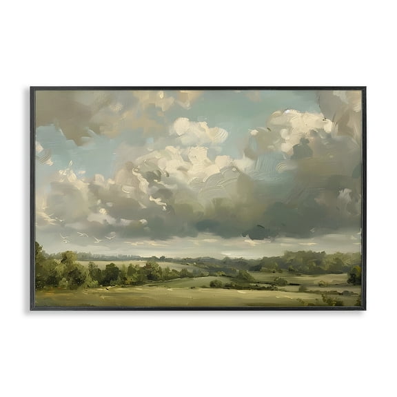 Stupell Industries Sunlit Clouds over Countryside Landscape & Nature Painting Black Framed Art Print Wall Art, 18 x 12