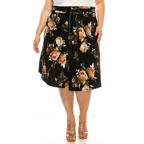 Women's Plus Size Casual Floral Print A Line Waist Bow Tie Belted Knee Length Midi Skirt