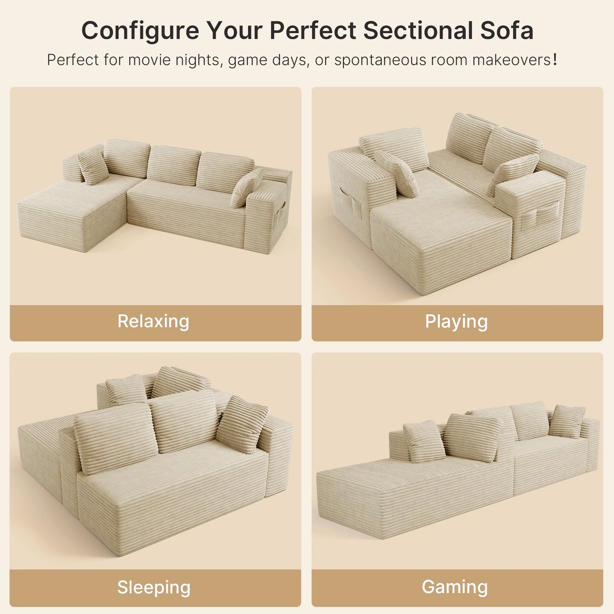 Sofa Couches, Lofka 105" L Shaped Sectional for Living Room, No Assembly Boneless Deep Seat, Beige Corduroy