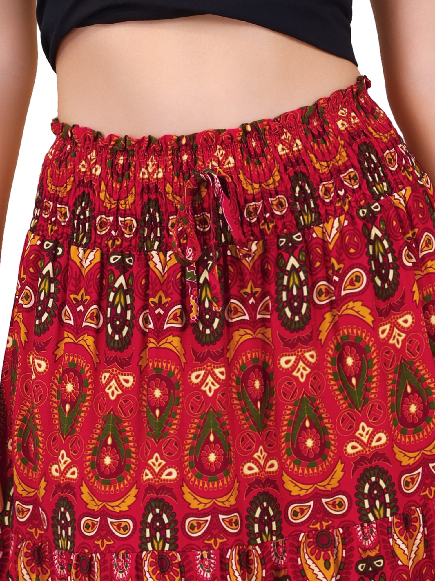 DARING DIVA Women's Boho Floral Smocked High Waist A Line Maxi Skirts XS Red