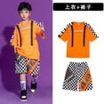 thumbnail image 3 of Traje de baile de hip hop naranja para niños, disfraces de actuación en el escenario para niños, ropa de actuación en equipo con costuras contrastantes para niñas, 3 of 5