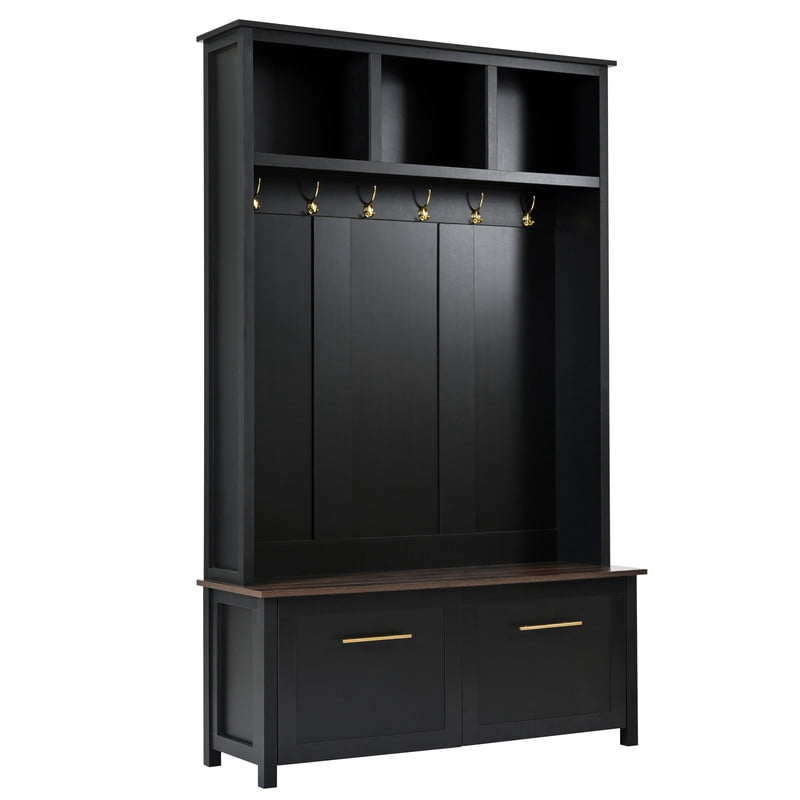 Versatile 4-in-1 Hall Tree with 6 Golden Hooks, Entryway Bench with 2 Drawers, Entryway Coat Rack with Top Storage for Living Room, Hallway