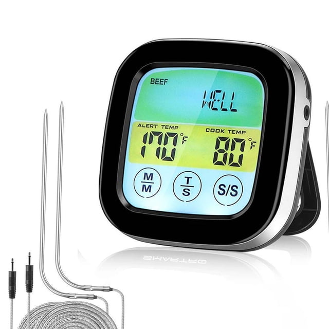 Termómetro inalámbrico para barbacoa para asar, termómetro digital para carne con sondas duales, temporizador, alarma, termómetro para ahumador de cocina, horno, alimentos con 2 sondas y temporizador