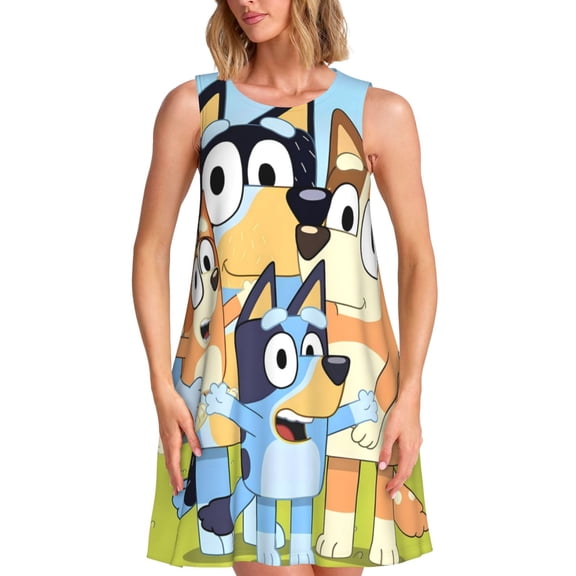 Saiise Bluey Print Women's Sleeveless Knee-Length Dress with Pockets Casual Summer Tank Dress