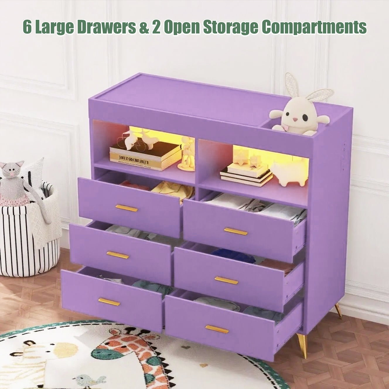 Baby Changing Table Dresser with 6 Drawers, Baby Nursery Dresser, LED Lights & Charging Station – Multifunctional Nursery Dresser with Removable Changing Top, Anti-Tip Design