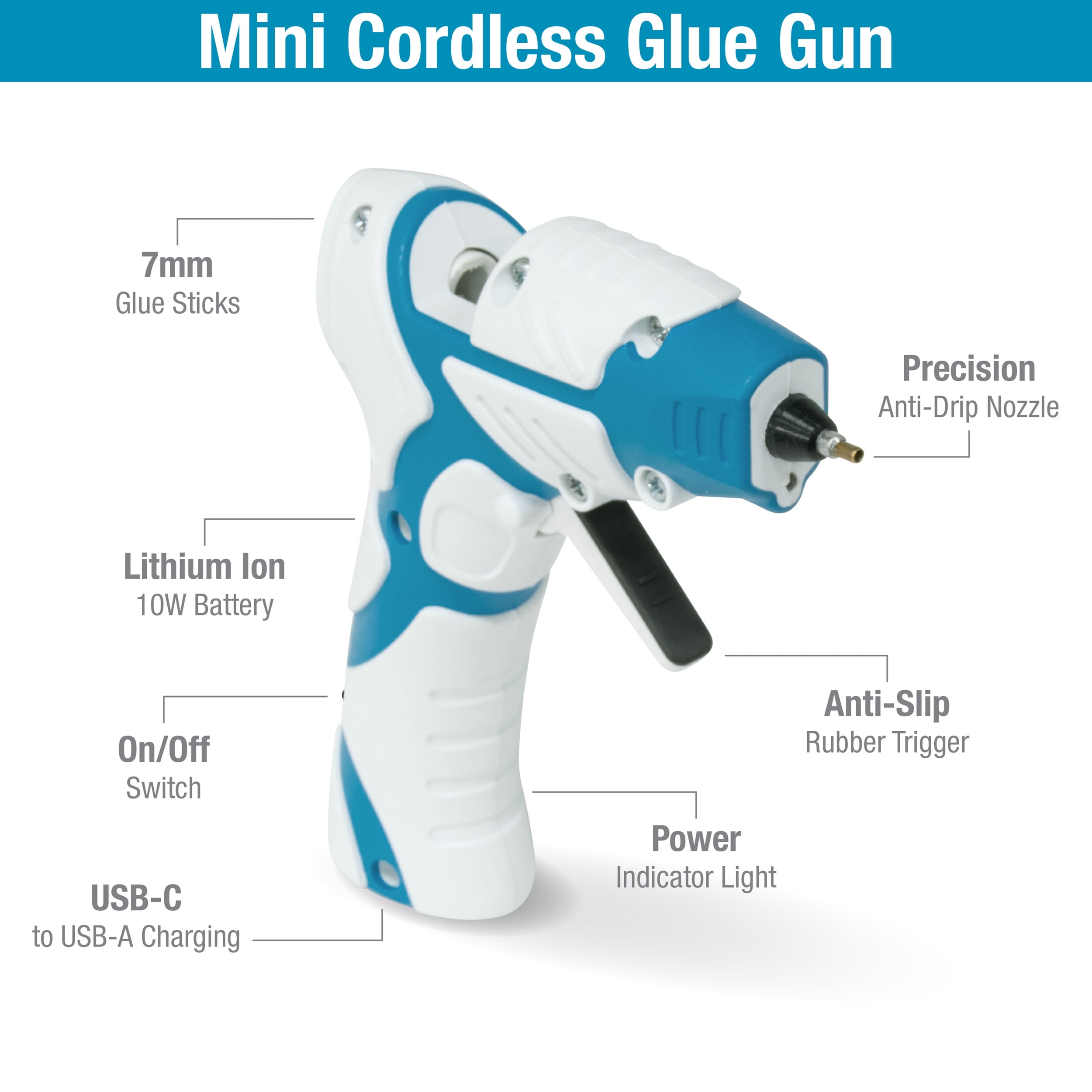 Mini Cordless Hot Glue Gun Precision Nozzle with LED Guiding Light, Anti-Drip (No Stand Needed)