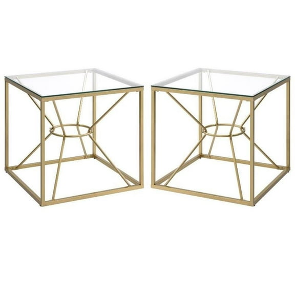 Home Square Cevelle Contemporary Glass Top End Table in Gold - Set of 2