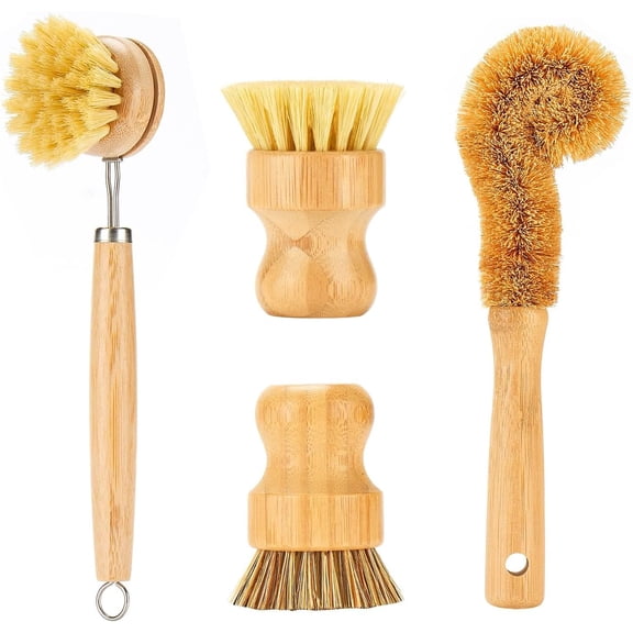 4PCS Bamboo Dish Brushes Sets, Kitchen Cleaning Dish Scrubber Brushes, Natural Bamboo Dish Scrub Brush Set with Handles, Eco-Friendly Cleaning Brushes for Dish, Bottle, Pots, Pans