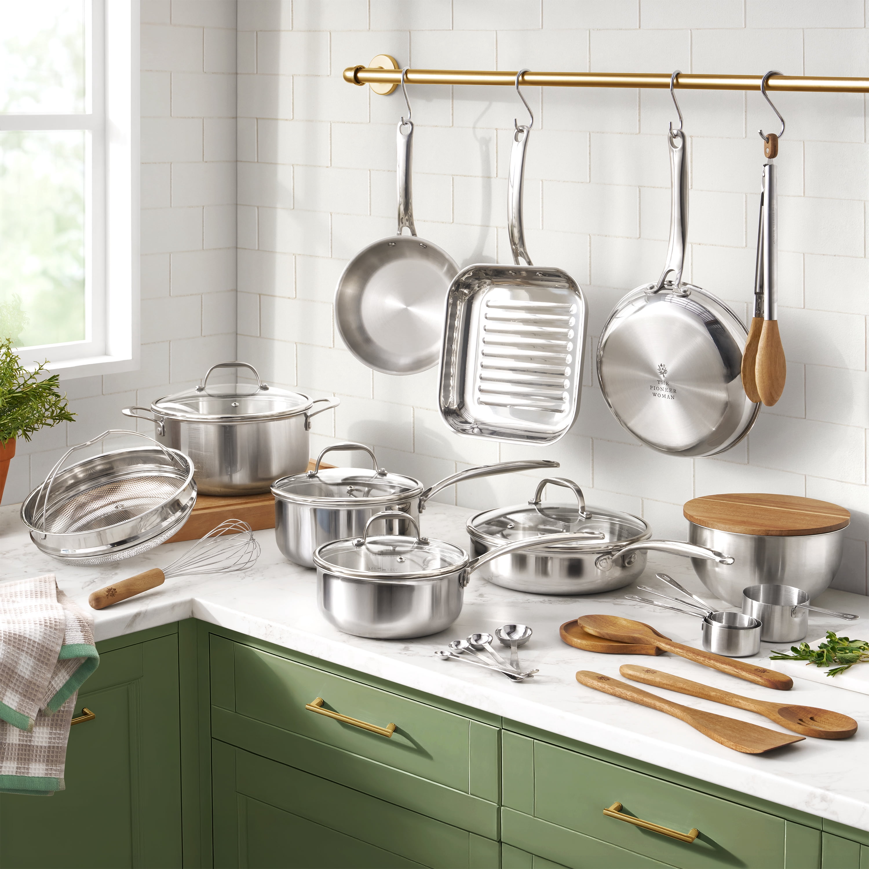 The Pioneer Woman 28-Piece Stainless Steel Cookware Set, Cooking Pots and Pans Set with Kitchen Utensils