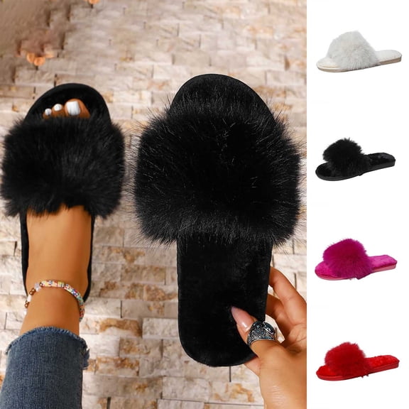 Women Open Toe Fluffy Fuzzy Slide Slippers Plush Warm Indoor House Shoes, Dual Size Design Casual Loungewear Shoes White 9-9.5(42)