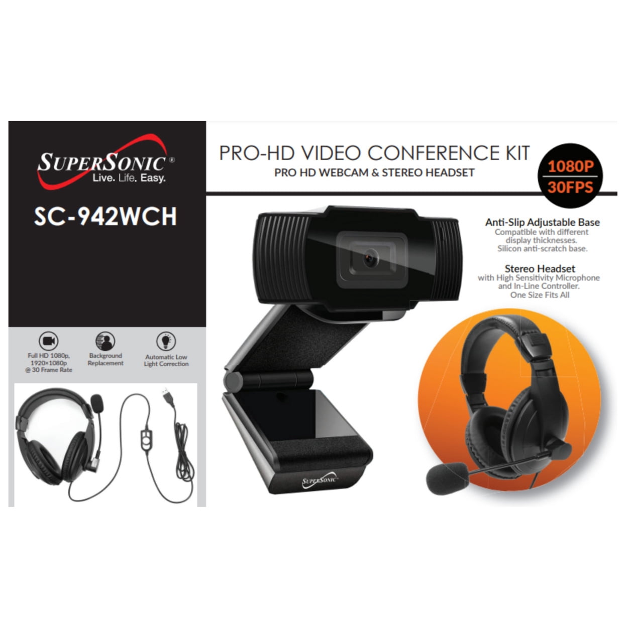Supersonic SC-942WCH PRO HD Webcam and Stereo Headset, 1080P HD Webcam, Crystal Clear Audio and Video, Adjustable Comfort, Plug and Play Compatibility for Zoom & Teams in Home Office, School