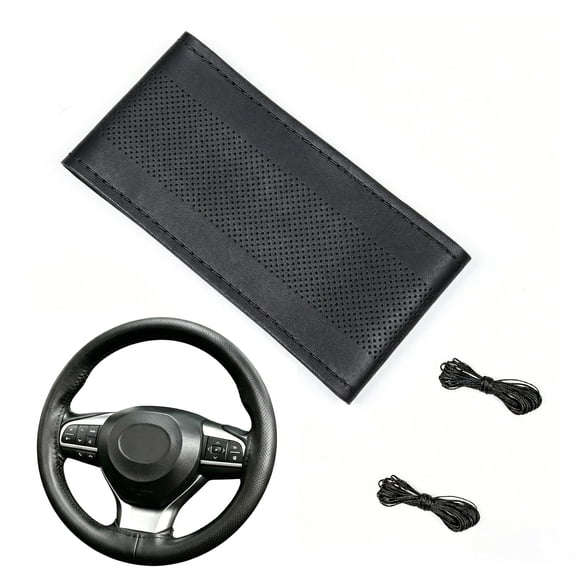 Genuine Leather Steering Wheel Cover Fits 14.5 to 15 Inch Anti Slip Hand Stitched Black