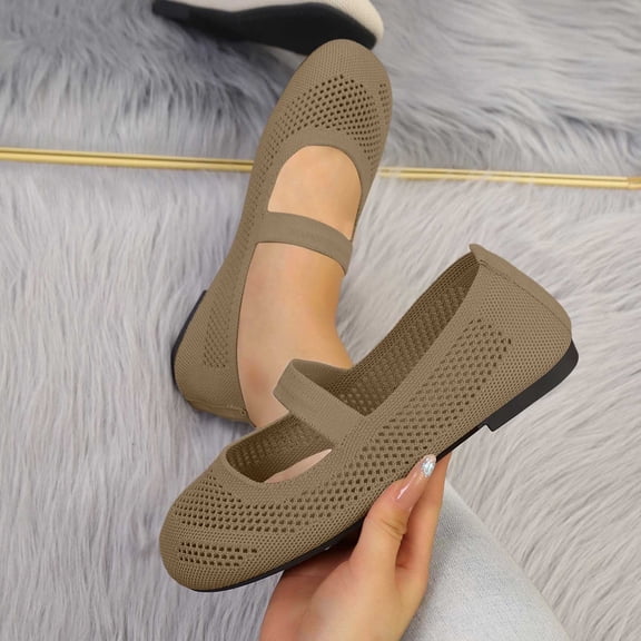 Women's Solid Color Mesh Mary Jane Flats, Breathable Knit Slip-On Casual Shoes for Everyday and Office Wear Khaki 43