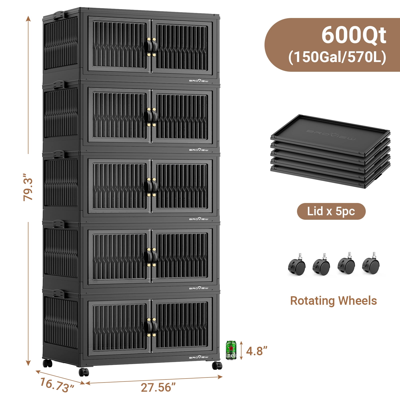 Broview V8 200Gal Large Stackable Storage Bins with Lid, Plastic Containers With Drawers, Folding Closets and Organizers with 4x Wheels Doors, Collapsible Cabinets Box for Home, 5-Pack Black