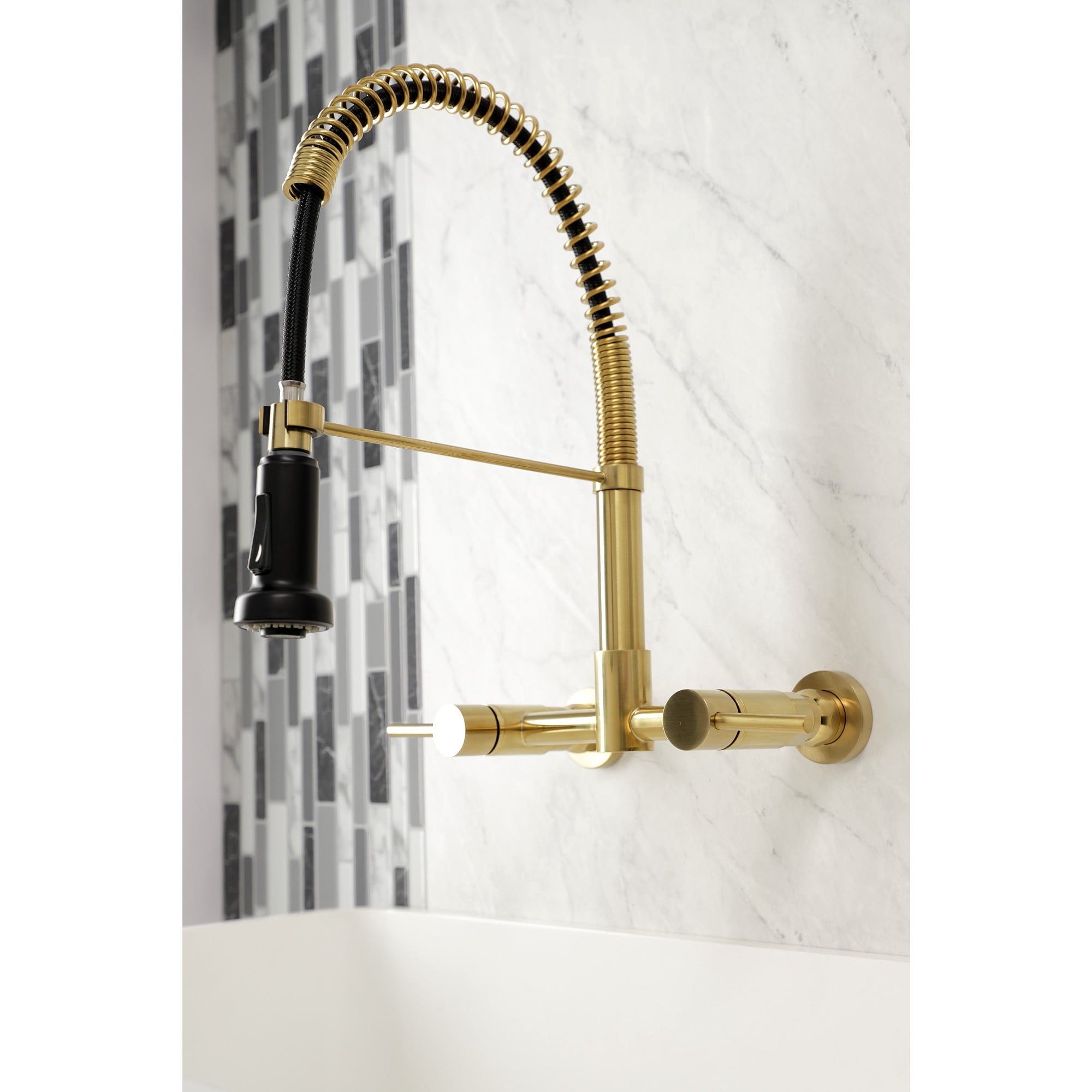 Gourmetier GS8187DL Concord Double-Handle Wall-Mount Pre-Rinse Bridge Kitchen Faucet, Brushed Brass