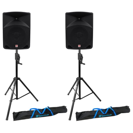 (2) Rockville RPG10 10" Powered 600 Watt DJ PA Speakers Crank-Up Speaker Stands