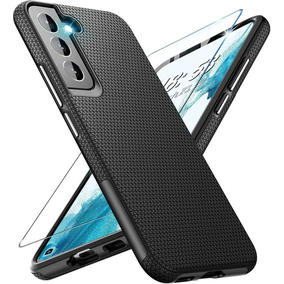for Samsung Galaxy S22 Case with Screen Protector, Military Grade Drop Proof Protection Galaxy S22 Protective Case Rugged PC Hard & Silcone Shockproof Cover for Samsung S22 5G Phone Case Shell (Black)