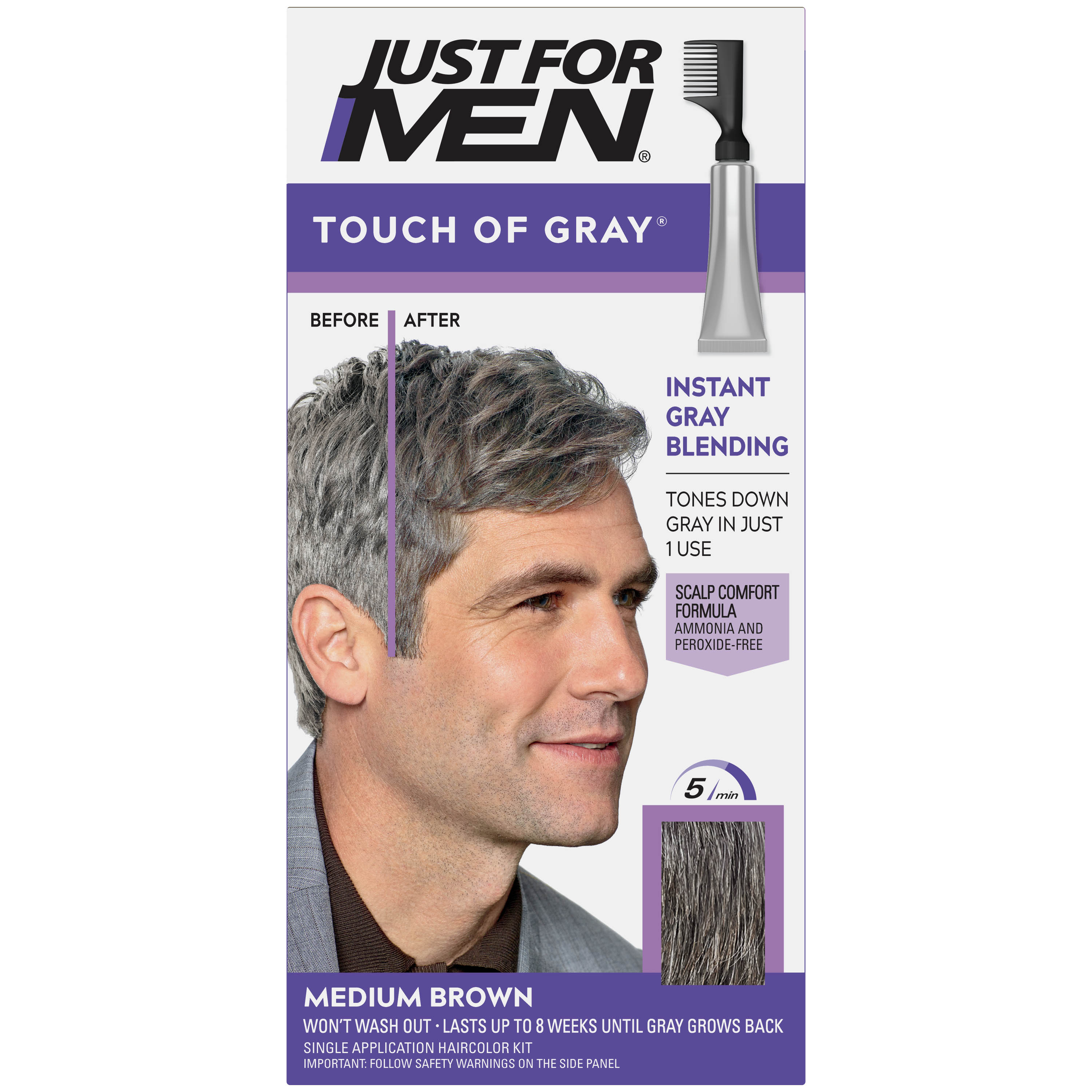 Just For Men Touch of Gray, Mens Hair Color Kit with Comb Applicator for Easy Application, Great for a Salt and Pepper Look - Medium Brown, T-35, Pack of 1