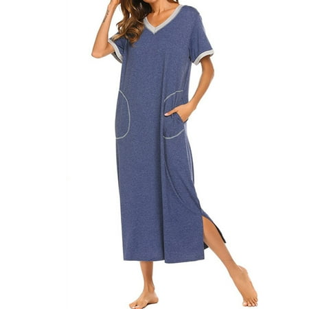 

EGNMCR Womens Full Length Short Sleeve Nightgown Summer Trend Casual Color Blocking Loose Pocket Long Dress Side Split Maxi Dresses Comfy Soft Loungewear Pajama Nightgowns & Sleepshirts on Clearance
