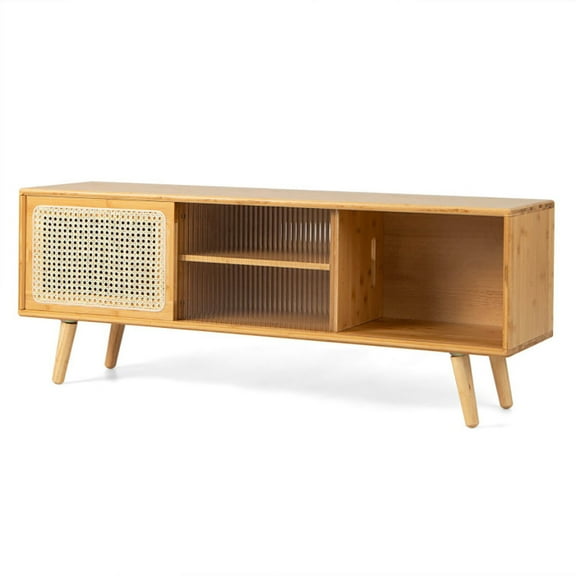 Spaco Modern TV Stand with Rattan Glass Sliding Doors-Natural, Mid Century Modern TV Stand for Living Room Bedroom