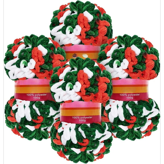 Christmas Loop Yarn 4x100g, Chunky Yarn for Hand Knitting, Loops and Threads Yarn for Finger Knitting Soft, Christmas Yarn for Cocheting, Finger Yarn Off The Hook, Red&Green&White
