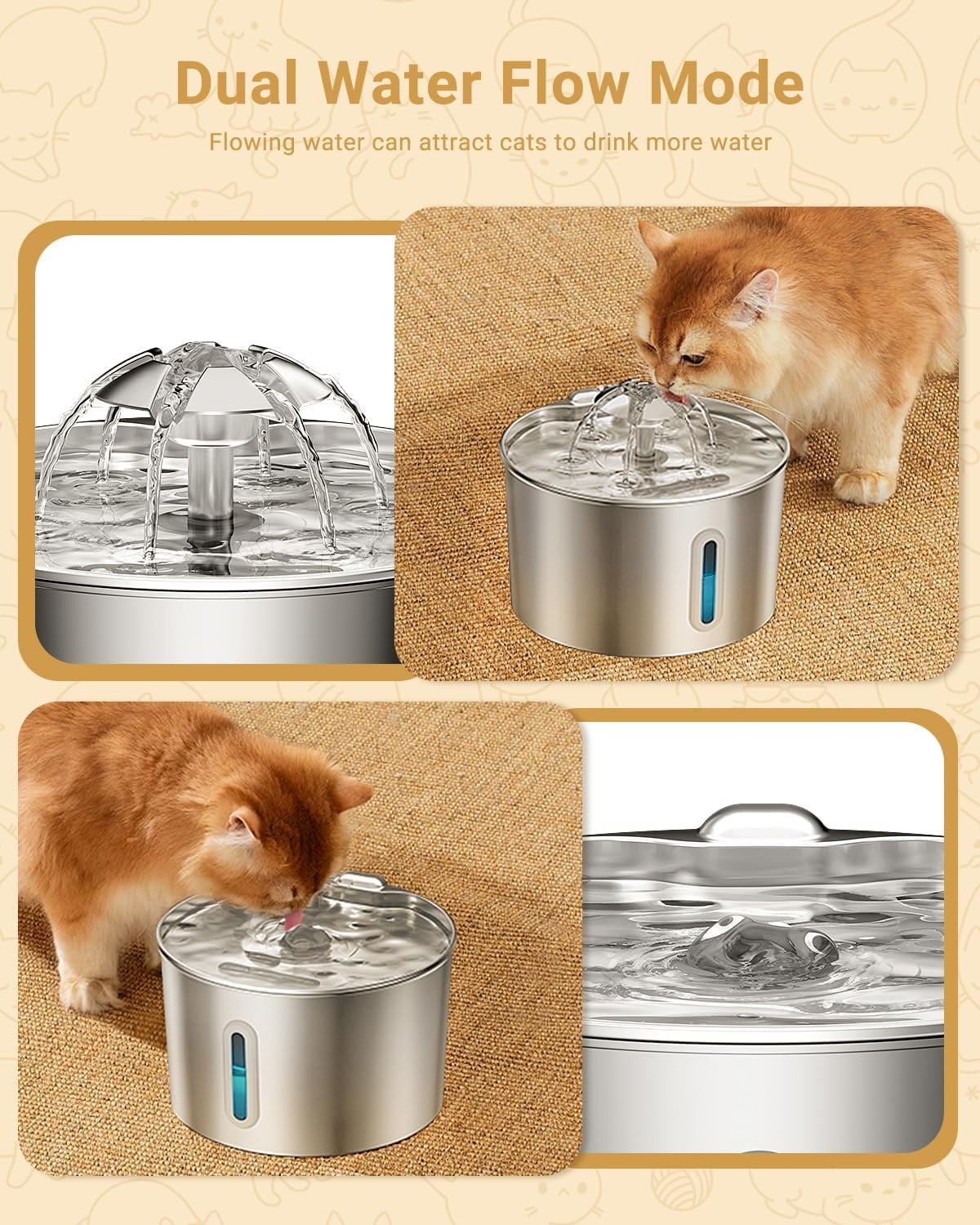 Cat Water Fountain Stainless Steel - 74oz/2.2L Automatic Large Pet Watering Bowl Dispenser for Indoor Cats - Drinking Fountains with 6 Filter, Gifts for Dogs and Kitty - Dog Waterer Bowls No Spill