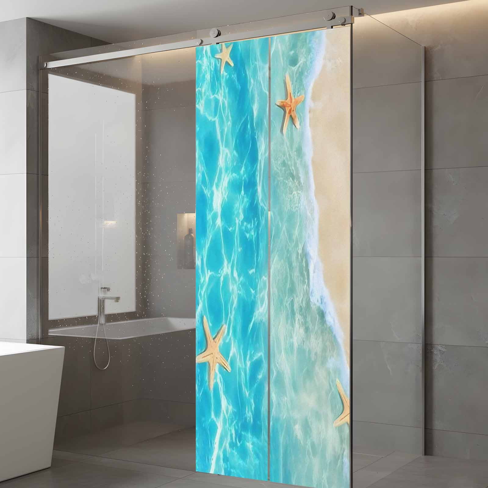 Summer Beach Window Privacy Film, Blue Teal Ocean Waves Beige Sand Starfish Shells Frosted Glass Window Clings Static Cling UV Heat Blocking Reusable Door Sticker for Bathroom 23.6 x 59 Inch