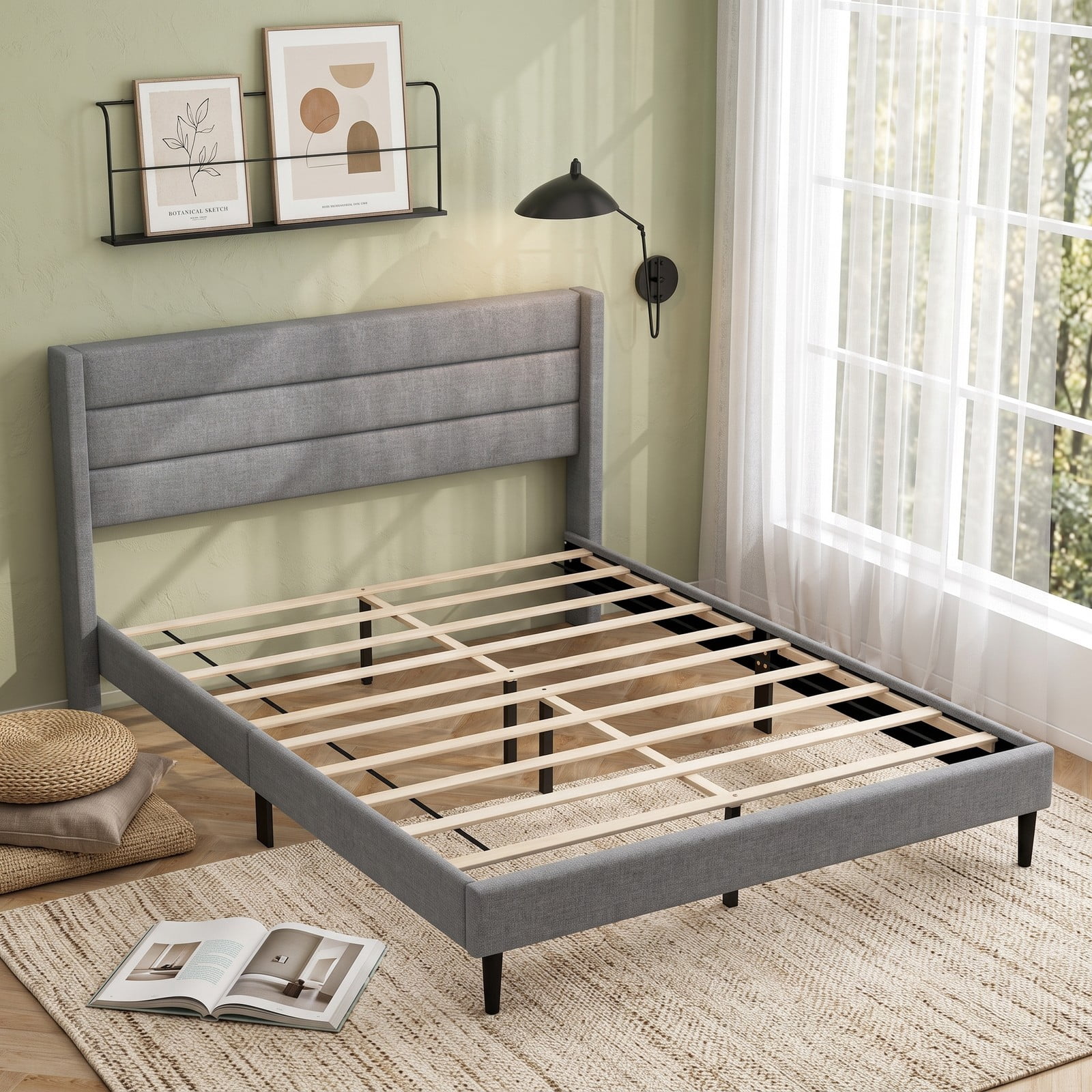 Furnibear Queen Bed Frame with Headboard, Linen Upholstered Platform Bed Frame with Wingback Channel Headboard and Wood Slats, Gray