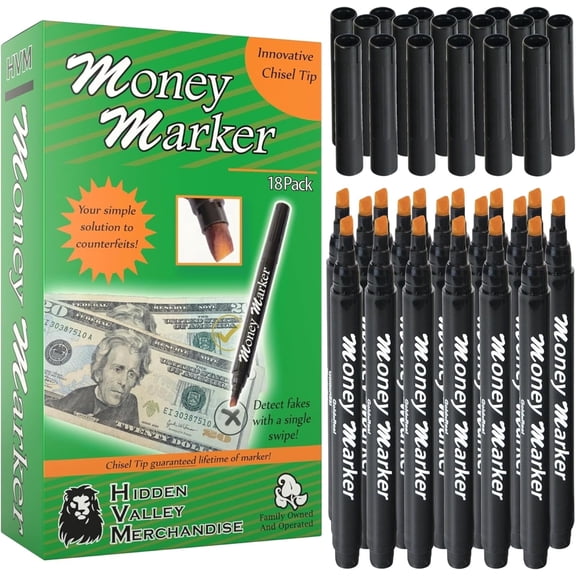 HVM Counterfeit Money Detector Pen (18 Counterfeit Pens) - Money Marker Bill Detector Pen with Upgraded Chisel Tip - Detect Fake Bills, Universal False Currency Checker Pack