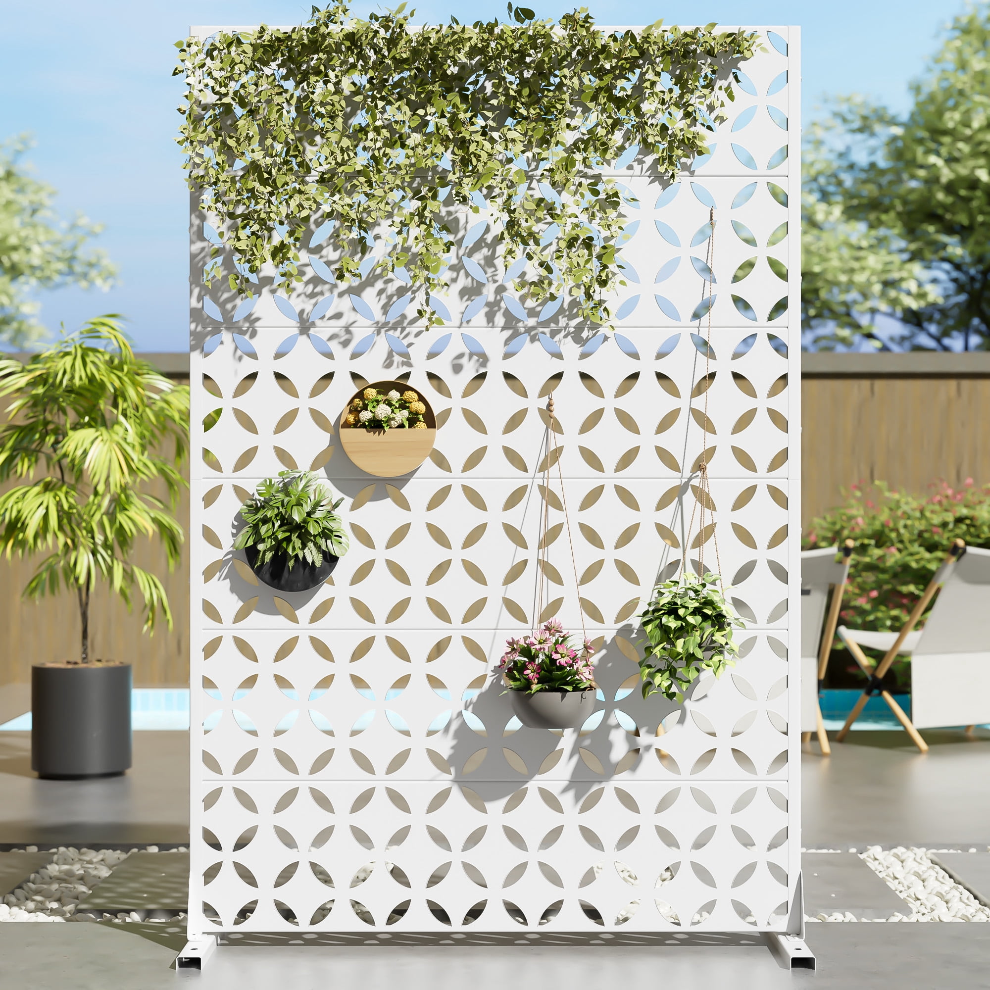 MAYEERTY 72*47" Outdoor White Metal Privacy Panel Screen for Patio, Coin Pattern