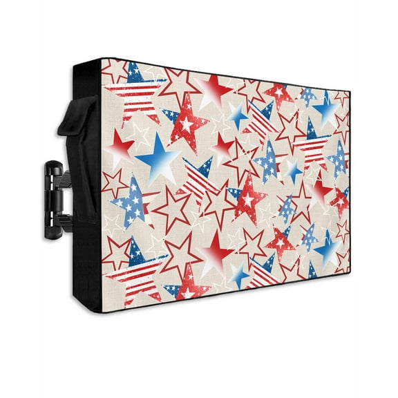4th of July Outdoor TV Cover 40 to 43 Inch Weatherproof, Navy Blue Red Stars Independence Day Rustic 600D Oxford TV Covers with Waterproof Zipper, Outside Flat TV Screen Protector 40"Wx25"Hx4.5"D