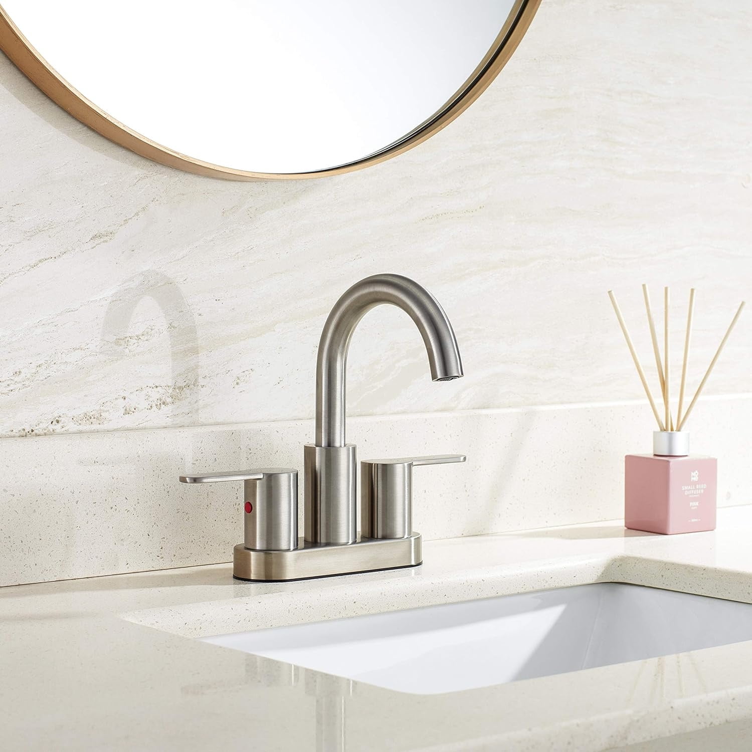 2 Handle Centerset Bathroom Sink Faucet Brushed Nickel with Drain Assembly, High Arc Modern 4 Inch Bathroom Vanity Lavatory Faucet 3 Holes with Brass 360° Swivel Spout,